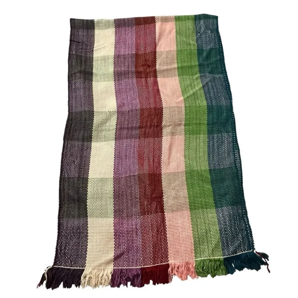 Vintage Multicolored Checked hand woven Silk blend Shawl, Scarf, wrap,